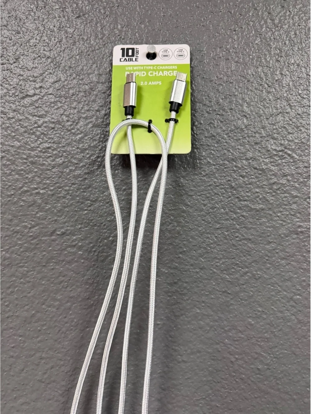10ft USB-C to USB-C 2A Fast Charging Cable Braided Long Phone Charge Cord Silver